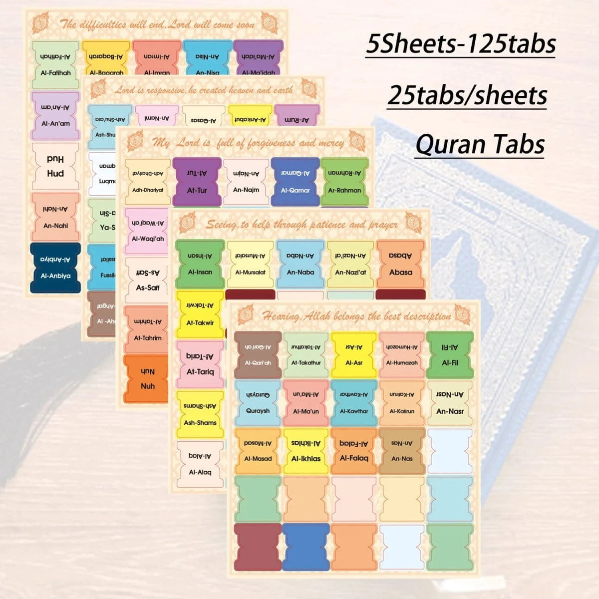 125 Onglets du Coran Laminés – 114 Sourates + 11 Vierge | Onglets d’Index, Étiquettes, Marque-pages pour Livre du Coran Al-imen MULTI Librairie Musulmane Al-imen
