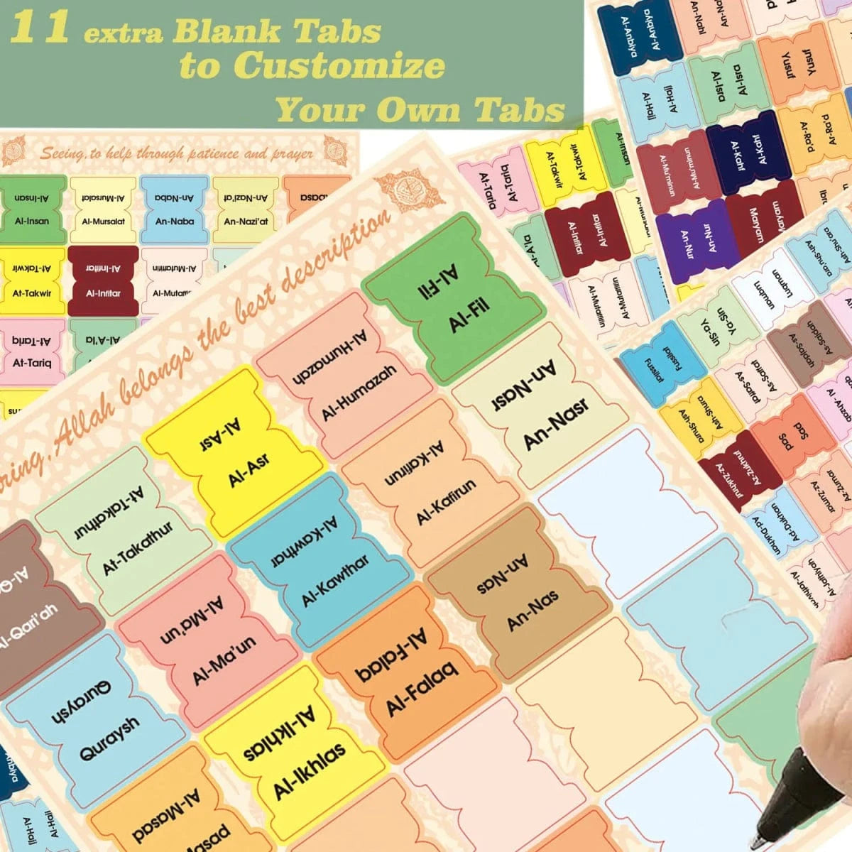 125 Onglets du Coran Laminés – 114 Sourates + 11 Vierge | Onglets d’Index, Étiquettes, Marque-pages pour Livre du Coran Al-imen MULTI Librairie Musulmane Al-imen
