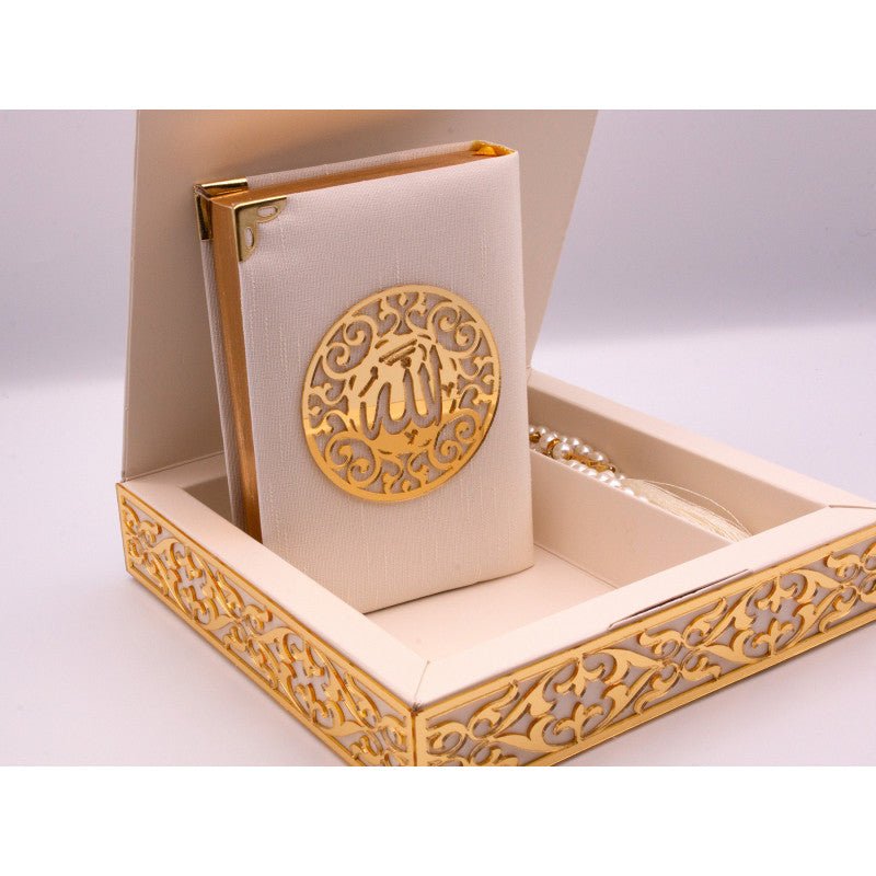 Coffret cadeau Al - imen : Box (Saint Coran Arabe de Poche + Chapelet) Crème Grand (17x24) Al - imen