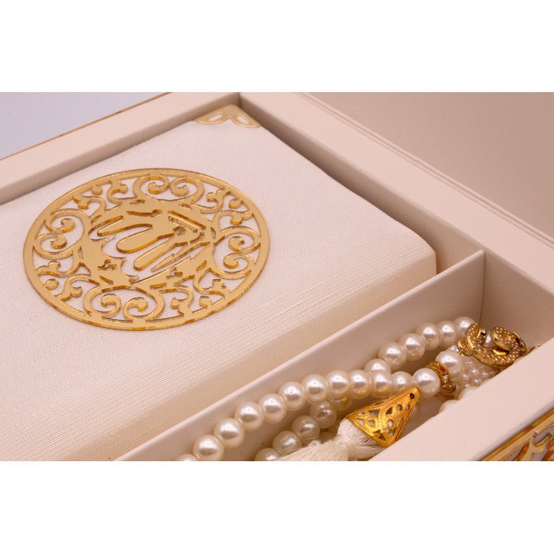 Coffret cadeau Al - imen : Box (Saint Coran Arabe de Poche + Chapelet) Crème Grand (17x24) Al - imen