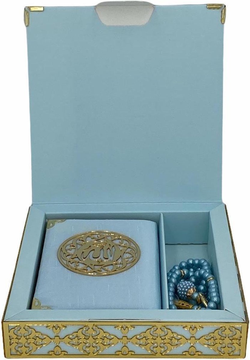 Coffret cadeau Al - imen : Box (Saint Coran Arabe de Poche + Chapelet) Bleu ciel Petite (8x11cm) Al - imen