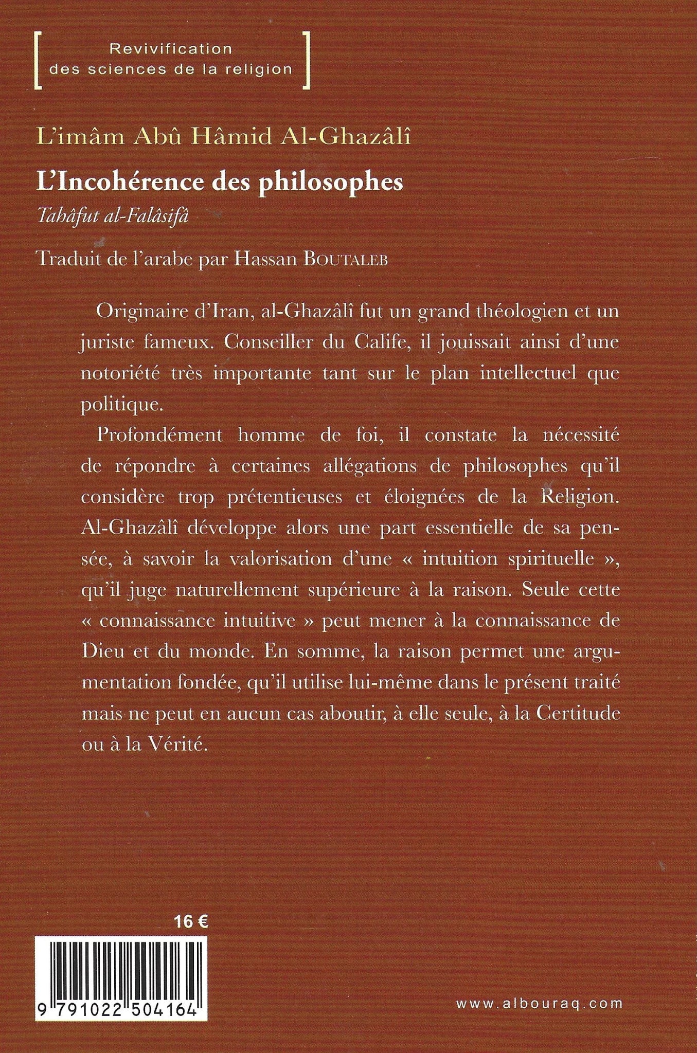 L’incohérence des philosophes d'Abu Hamid Al - Ghazali - Livres par édition par Al Bouraq disponible chez Al - imen