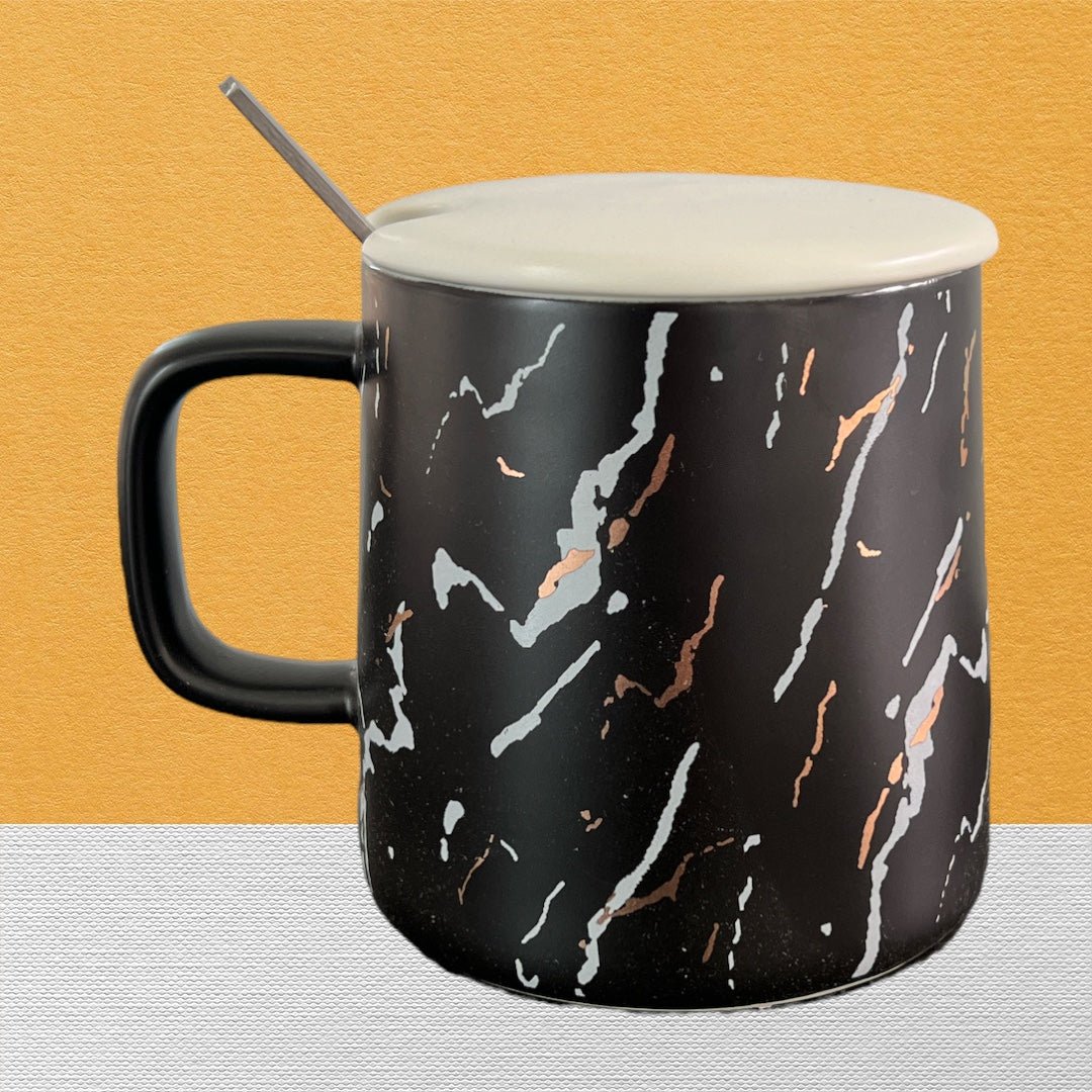 Tasse en céramique effet marbre avec cuillère en métal et couvercle céramique - Mug Moderne et élégant - 250 ml Al - imen